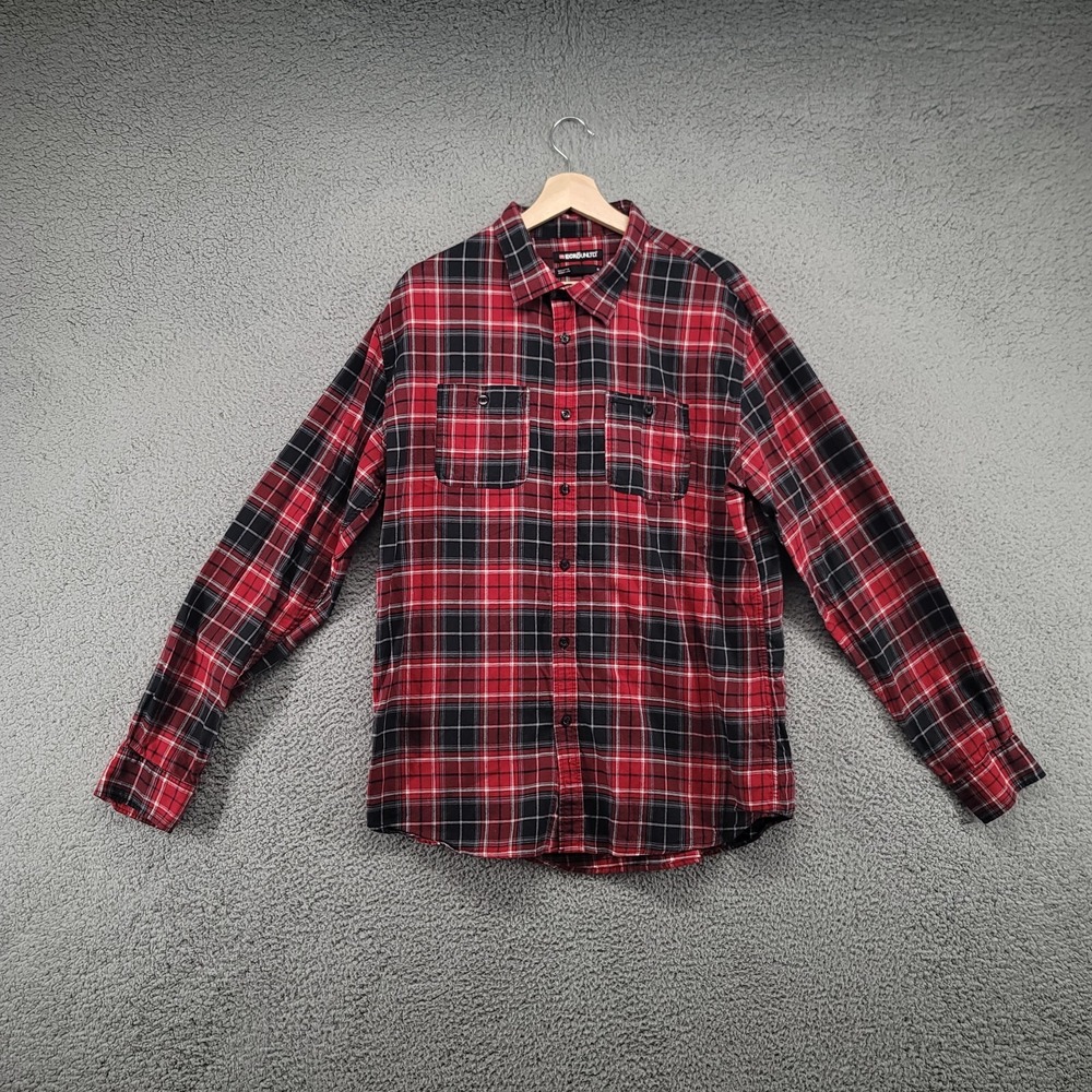 Ecko Unltd Shirt Mens XL Red Plaid Long Sleeve Button-Up Flannel Outdoors Pocket